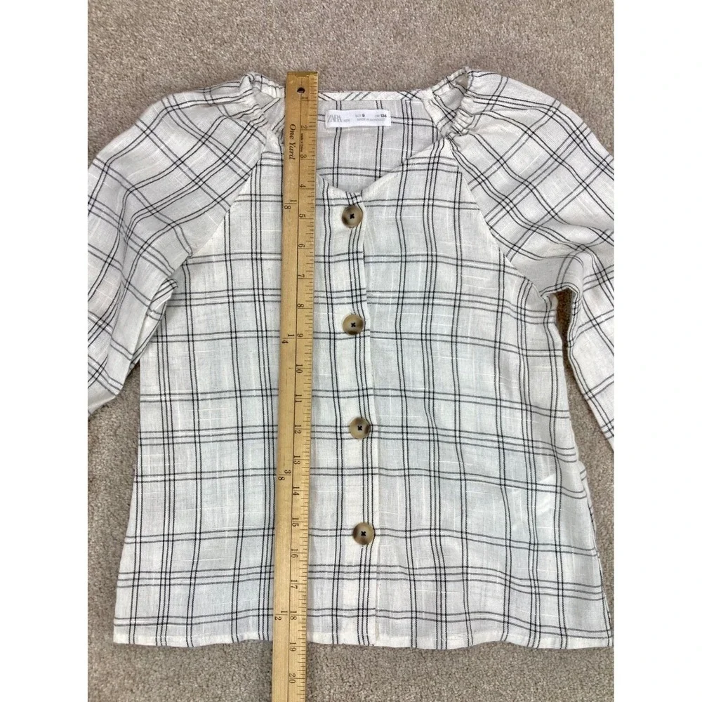Zara Kids Plaid Blouse Size 9 Cream Black Button Front Elastic Hem Cottagecore